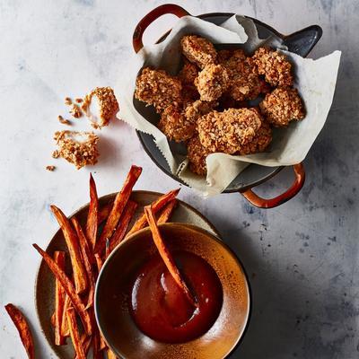 homemade chicken nuggets with sweet-potato cane