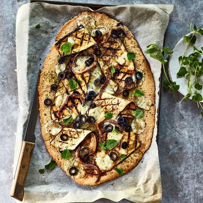 oatmeal pizza with grilled eggplant and anchovies