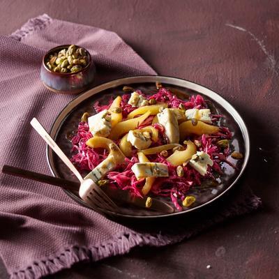 red cabbage salad with pear, pistachio and gorgonzola