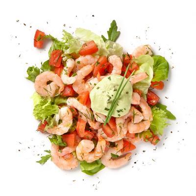 shrimp salad with garden herbs and avocado sauce