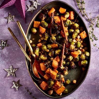 roasted sweet potato and sprouts with hazelnuts