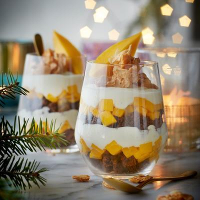 chocolate cottage cheese trifle with mango