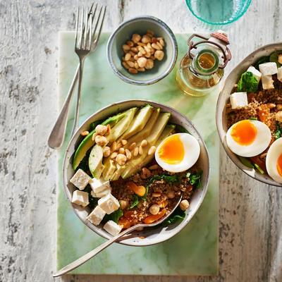 hearty bowl with nuts and avocado
