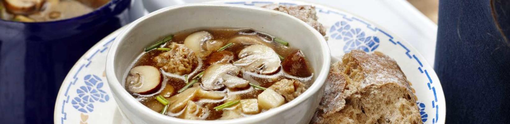 mushroom soup with walnut meatballs
