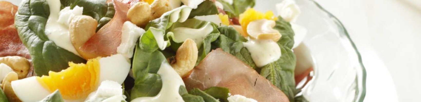 spinach salad with crispy ham and goat cheese dressing