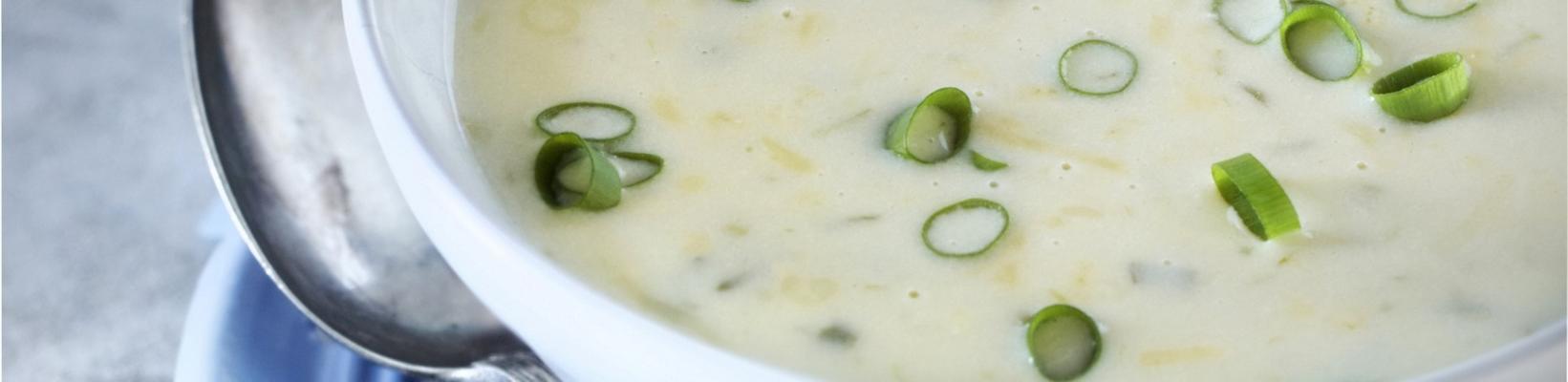 farmhouse cheese soup with spring onion and mustard