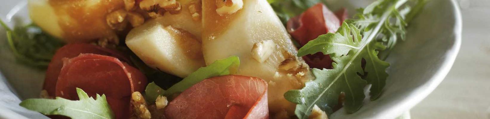 pear on smoked meat with pear-nut dressing