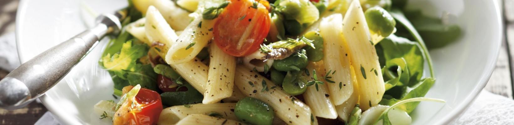 pasta with cherry tomato, anchovies and broad beans