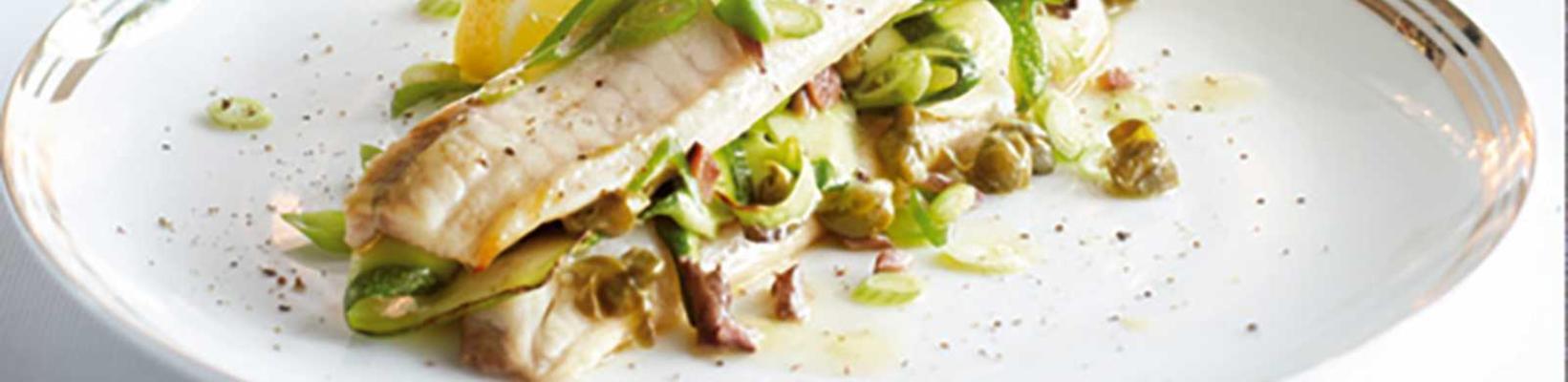 tilapia sandwich with zucchini and anchovy caper gravy