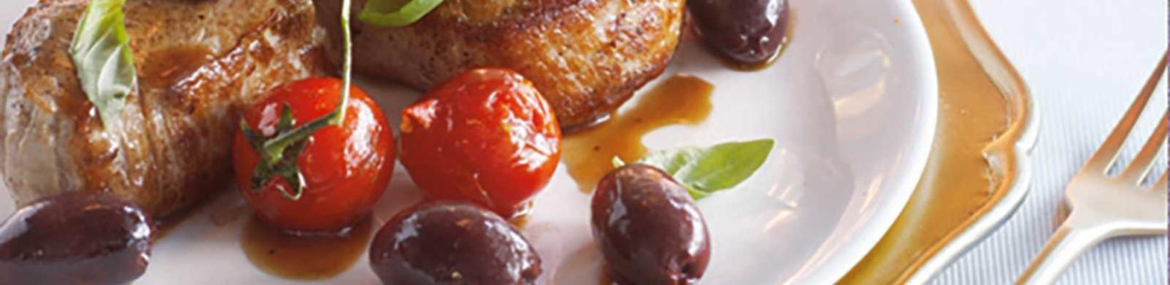 pork tenderloin with roasted cherry tomato and olives