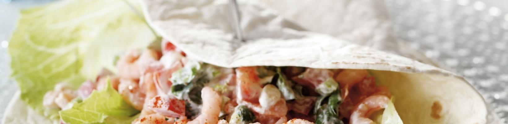 wrap with creamy tomato and pink shrimp