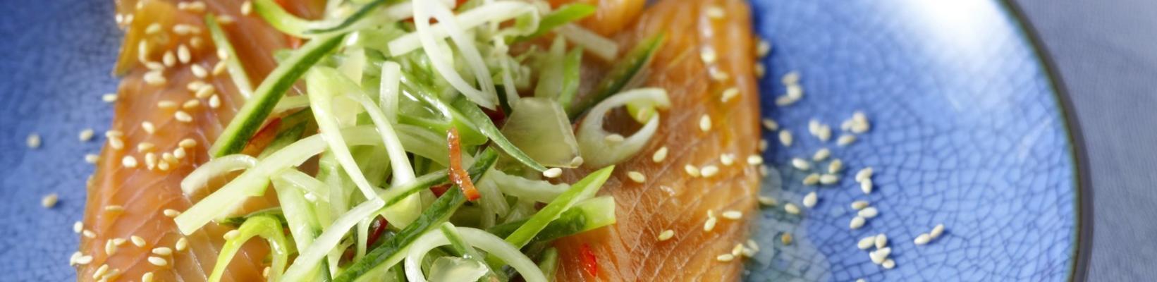 salmon with spring onions, cucumber and ginger dressing