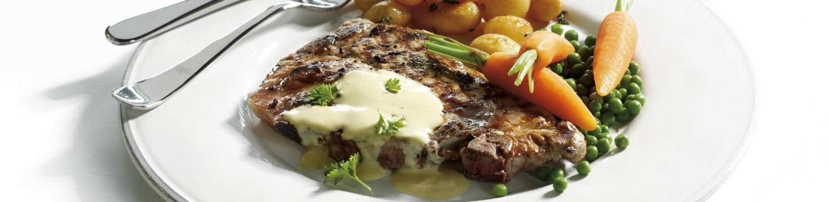 roasted shoulder chops with potatoes and honey-mustard sauce