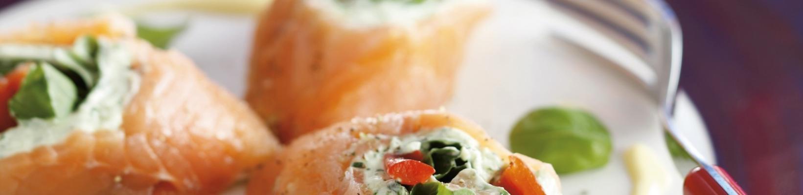 salmon rolls with herb cheese and sweet mustard cream