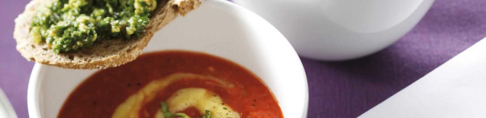 tomato-paprika soup with spinach-nutcrostini