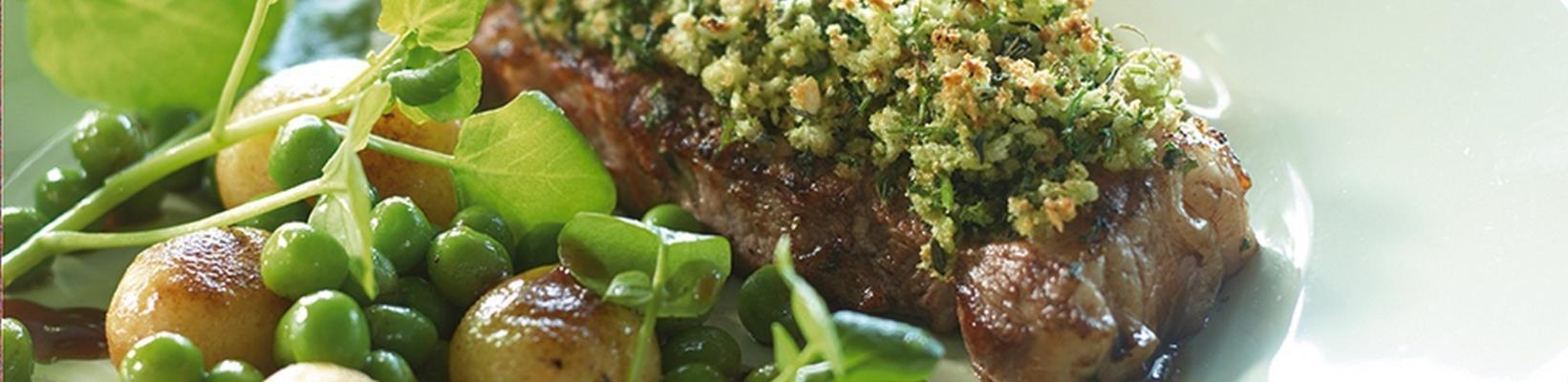 veal entrecote with herb crust, watercress and peas
