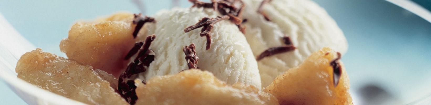 vanilla ice cream with stewed apples and chocolate
