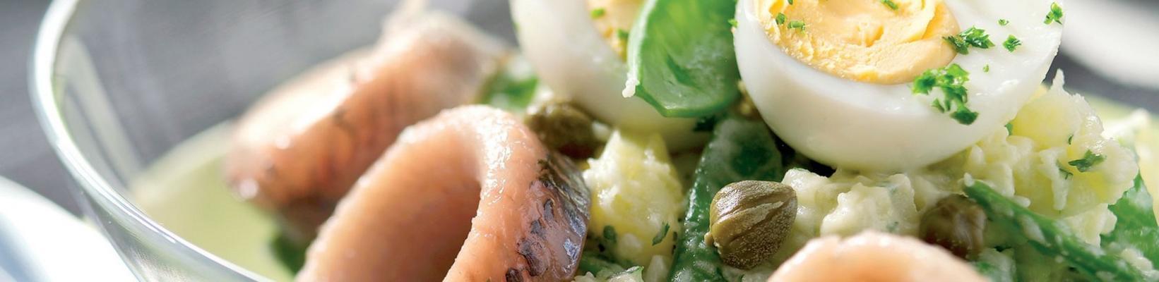 potato salad with herring and snow peas