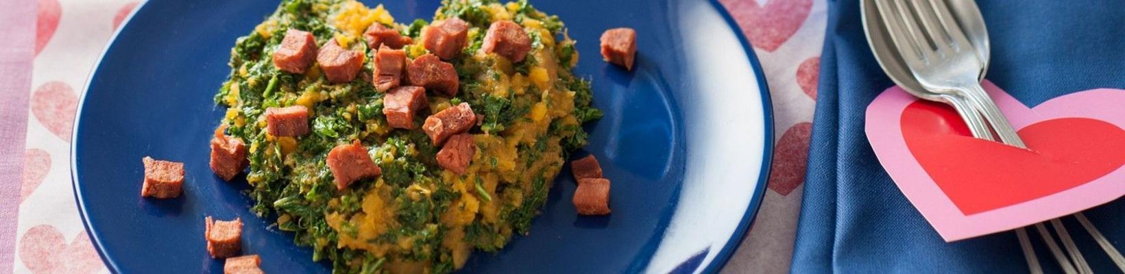 kale with sweet potato and vegetarian bacon
