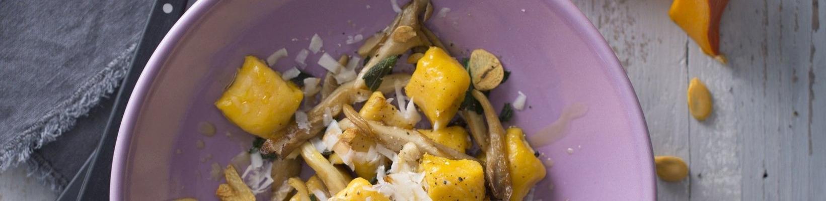 pumpkin gnocchi with oyster mushrooms and sage