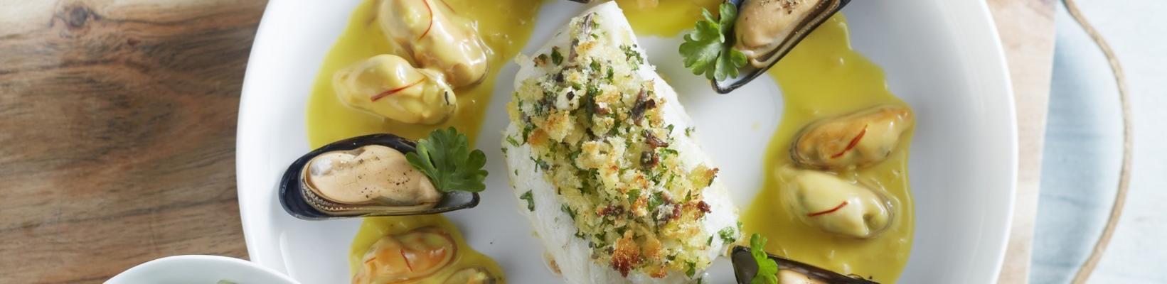 scalloped cod with saffron sauce and mussels