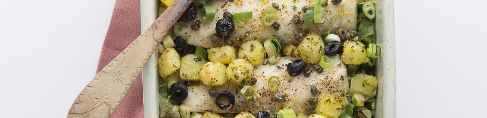 tilapia with baby potatoes, capers and olives