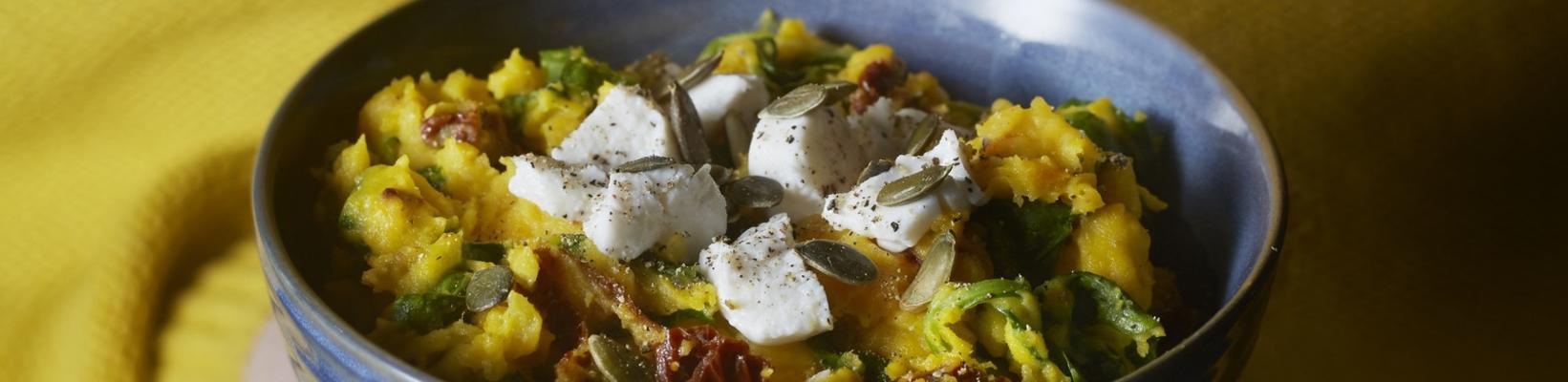 pumpkin stew with spinach and goat's cheese