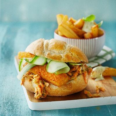 fish burger with root spread and herb fries