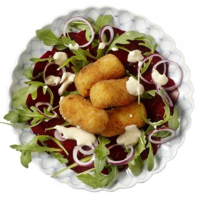 sweet-and-sour beetroot salad with potato-cheese croquettes and aioli