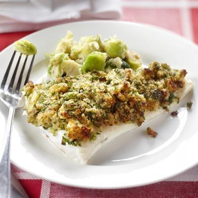 Brussels sprout stew with crispy fish from the oven