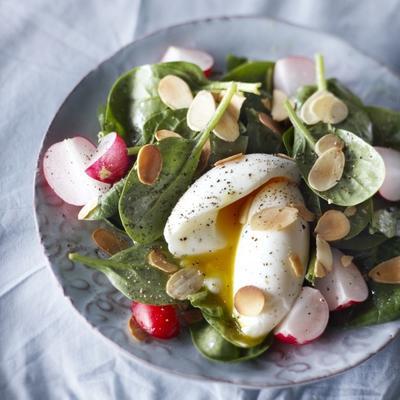 spinach salad with soft-boiled egg and mustard dressing