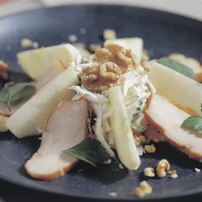 celeriac salad with apple, smoked chicken and walnuts