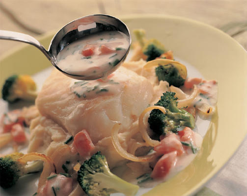 stewed cod with cream sauce and cheese puree