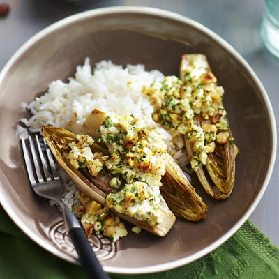 braised chicory shrubs with cottage cheese and hazelnuts