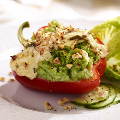 red peppers filled with broccoli and blue cheese