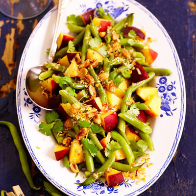 green beans salad with nectarines and coconut peanuts