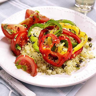 summery salad of tomatoes, grilled peppers and couscous