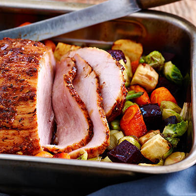 ham with colorful winter vegetables