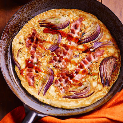 bacon pancakes with red onion and thyme