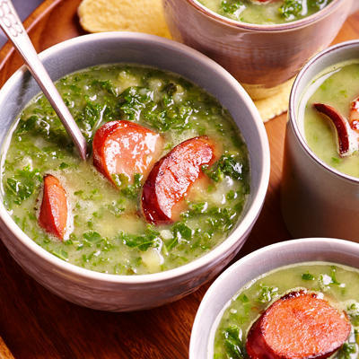 portuguese farm cabbage soup with grilled sausage