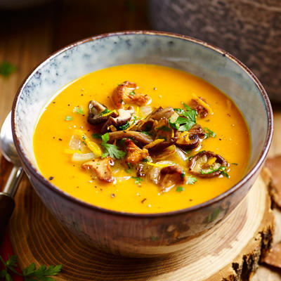 pumpkin soup with fried mushrooms