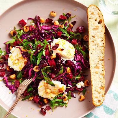 red cabbage salad with beet and grilled goat's cheese