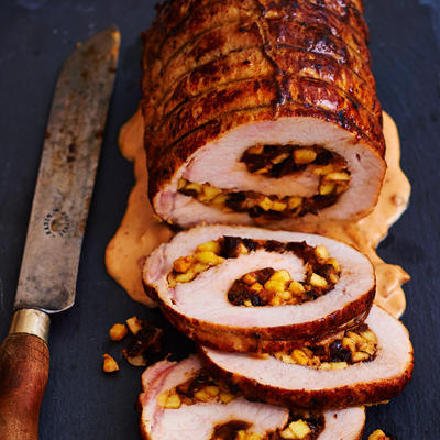 Danish pork roulade filled with apple and prunes