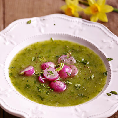 spring soup with roasted radishes