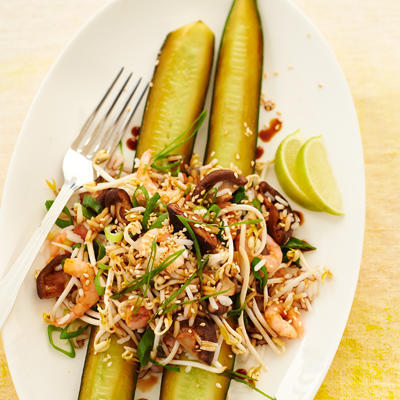 Japanese rice salad with caramelized cucumber