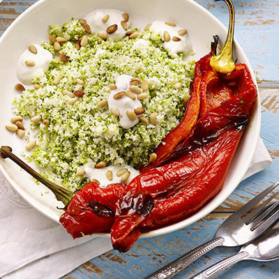 couscous of vegetables with roasted peppers and blue cheese