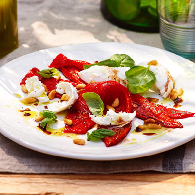 puffed pointed peppers with mozzarella and basil oil