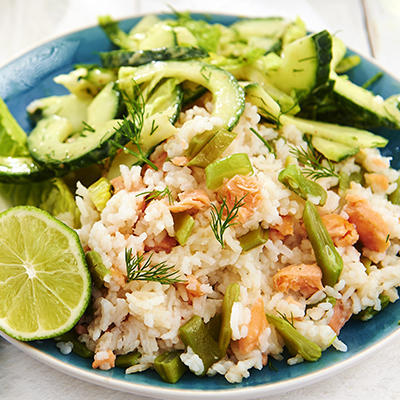 creamy rice with salmon and cucumber salad