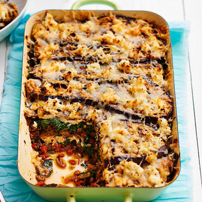 aubergine cheese with spinach, spicy mince and ricotta