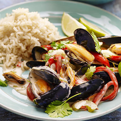 thai mussels with brown rice